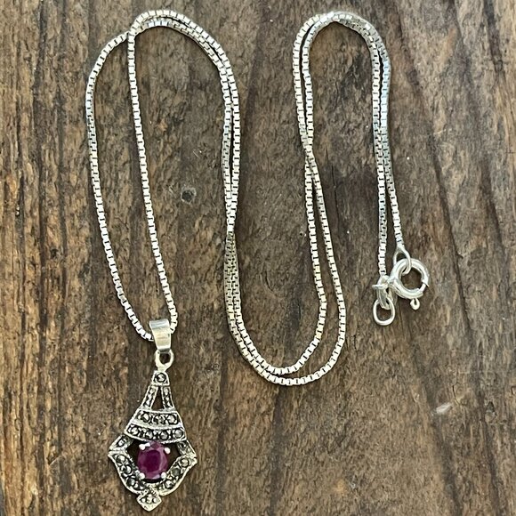 Vtg. Solid 925 Marcasite Pendant w Natural Ruby on a Solid Sterling Box Chain - Picture 13 of 16